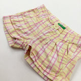 Pink & Yellow Checked Shorts With Adjustable Waist - Girls 9-12 Months