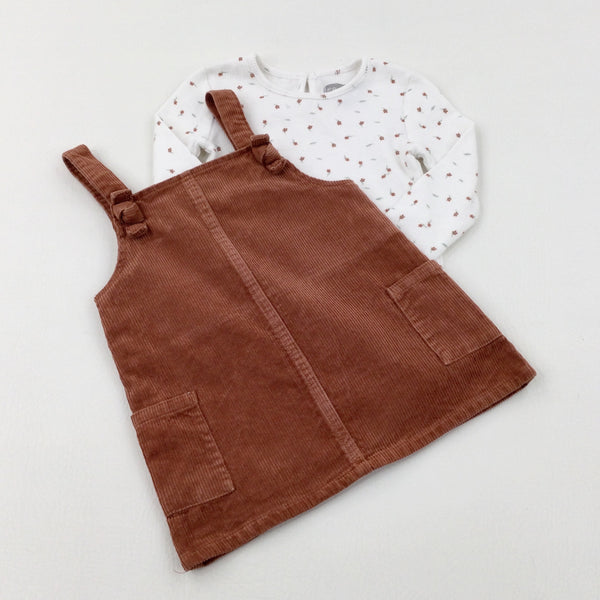 Flowers Brown Cord Dungaree Dress & Long Sleeve Top Set - Girls 9-12 Months