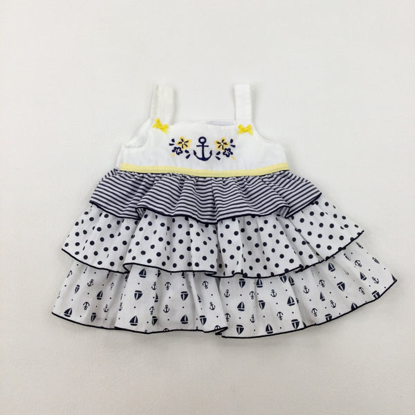 Anchor & Flowers Embroidered Spotty Navy & White Dress - Girls 9-12 Months
