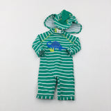 Dinosaur Appliqued Green Striped Beach Suit With Sun Hat - Boys 6-9 Months