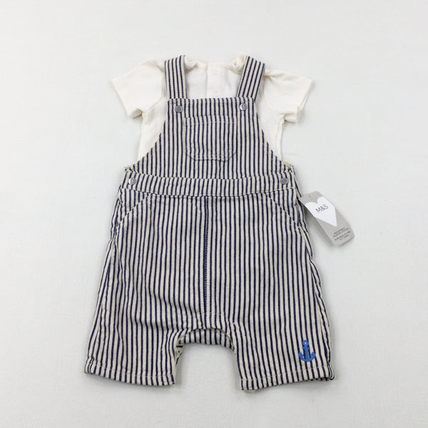 **NEW** Anchor Embroidered Blue Striped Short Dungarees & Bodysuit Set - Boys 12-18 Months