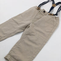 Tan Trousers With Adjustable Waist & Navy Braces - Boys 9-12 Months