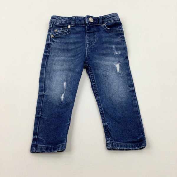 Distressed Blue Denim Jeans With Adjustable Waist - Girls 12-18 Months