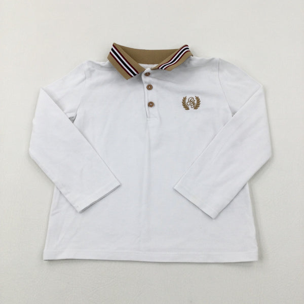 'RI' Embroidered Motif White Long Sleeve Polo Shirt - Boys 4-5 Years