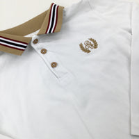 'RI' Embroidered Motif White Long Sleeve Polo Shirt - Boys 4-5 Years