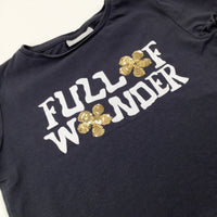 'Full Of Wonder' Flowers Sequinned Charcoal Grey T-Shirt - Girls 4-5 Years