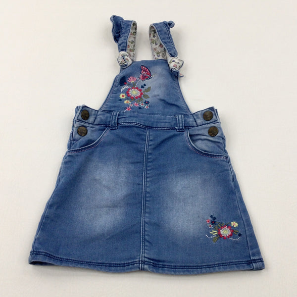 Flowers Light Blue Denim Dungaree Dress - Girls 12-18 Months