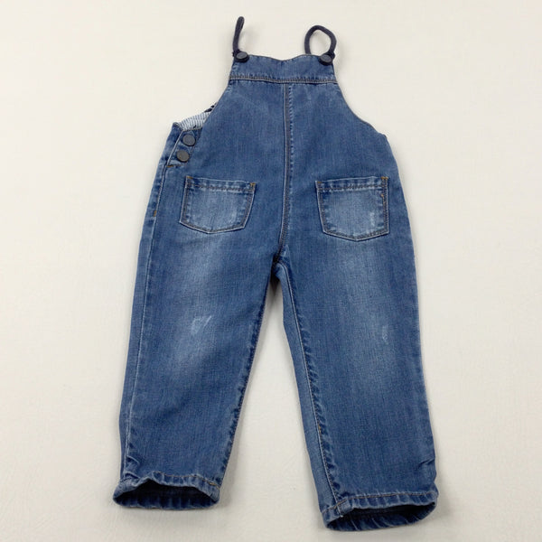 Distressed Mid Blue Denim Dungarees - Girls 12-18 Months