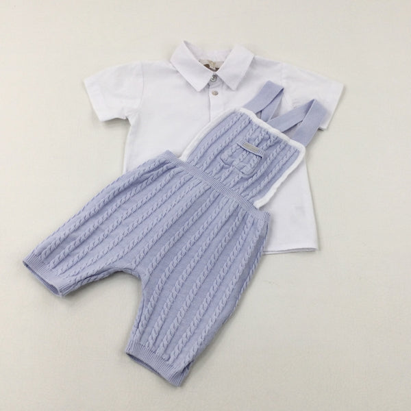 Textured Light Blue Knitted Short Romper & White Shirt Set - Boys 18-24 Months