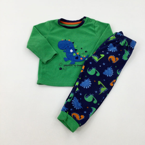 'Snooze-A-Saurus' Dinosaur Appliqued Green & Navy Fleece Pyjamas - Boys 18-24 Months