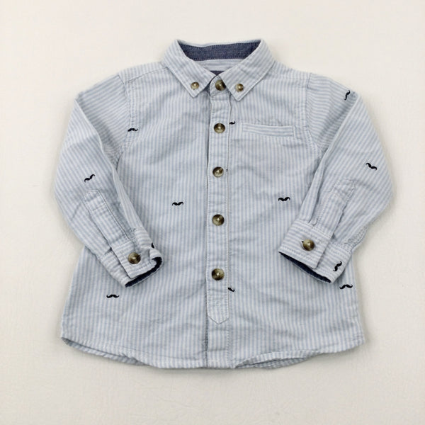 Moustaches Light Blue Striped Long Sleeve Shirt - Boys 12-18 Months