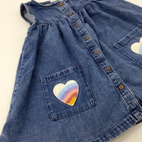 Hearts Appliqued Mid Blue Denim Dress - Girls 2-3 Years