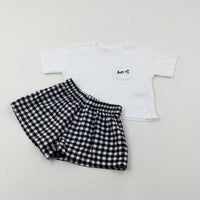 'Happy' Heart Embroidered Motif White & Black Checked Short Pyjamas - Girls 3-4 Years