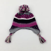 Patterned Purple & Pink Lined Knitted Winter Bobble Hat - Girls 3-4 Years