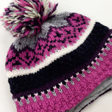 Patterned Purple & Pink Lined Knitted Winter Bobble Hat - Girls 3-4 Years