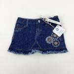 **NEW** Flowers Embroidered Dark Blue Denim Shorts With Silver Belt - Girls 18-24 Months