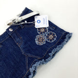 **NEW** Flowers Embroidered Dark Blue Denim Shorts With Silver Belt - Girls 18-24 Months