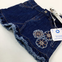 **NEW** Flowers Embroidered Dark Blue Denim Shorts With Silver Belt - Girls 18-24 Months