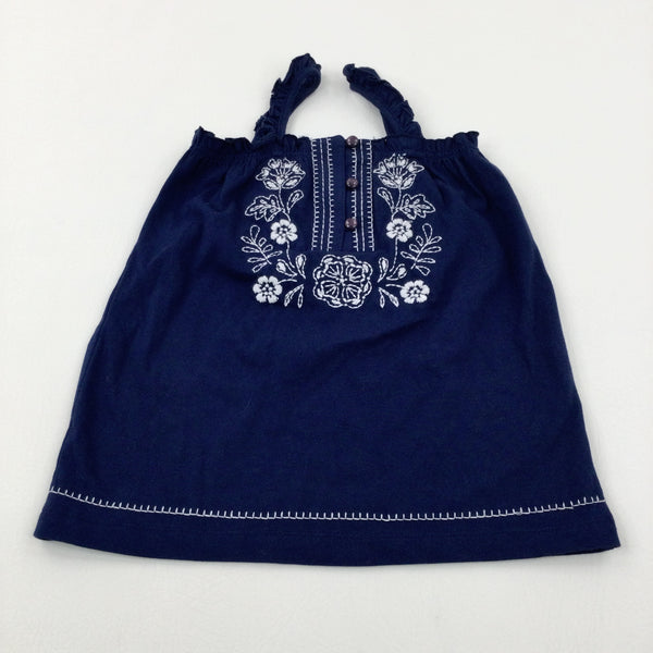 Flowers Embroidered Navy Vest Top - Girls 2-3 Years