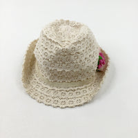 Flowers Patterned Cream Sun Hat - Girls 8-9 Years