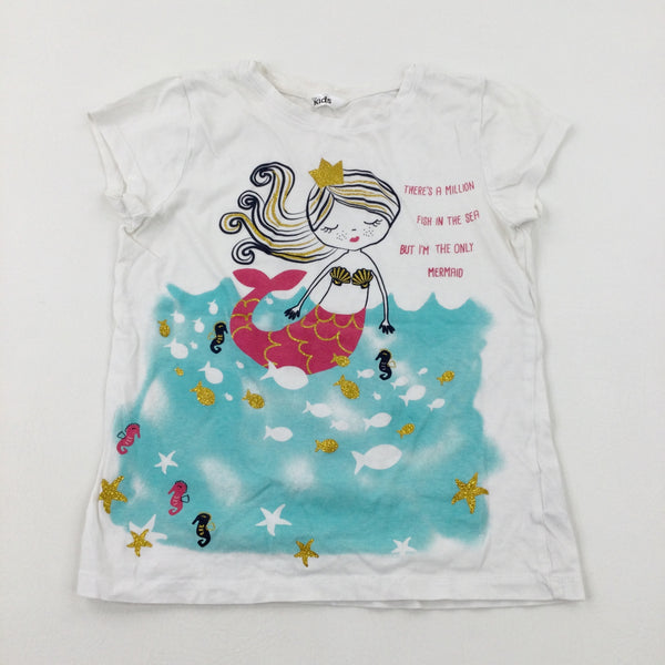 'There's A Million Fish In The Sea' Mermaid Glittery White T-Shirt - Girls 9-10 Years