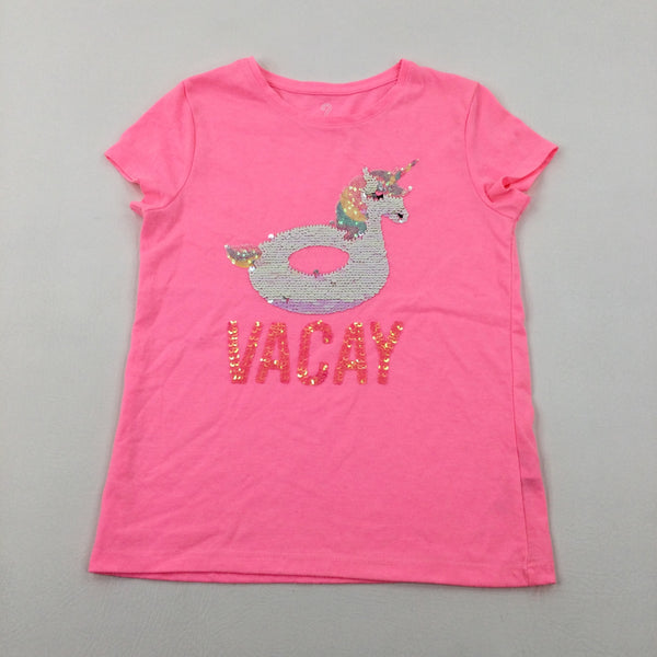 'Vacay' Unicorn Sequinned Neon Pink T-Shirt - Girls 9-10 Years
