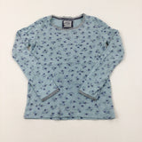 Flowers Lace Trim Blue Long Sleeve Top - Girls 9-10 Years