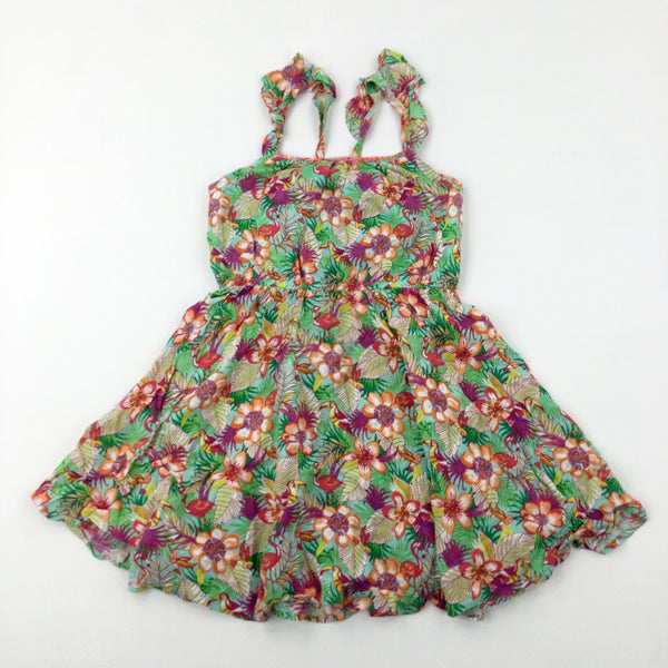 Tropical Birds & Flowers Green Dress - Girls 10-11 Years