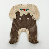 Christmas Pudding Appliqued Beige Velour Babygrow - Boys/Girls - Newborn