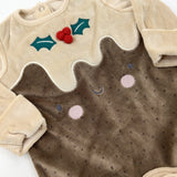 Christmas Pudding Appliqued Beige Velour Babygrow - Boys/Girls - Newborn