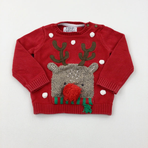 Rudolph Appliqued Red Knitted Jumper - Boys/Girls 9-12 Months