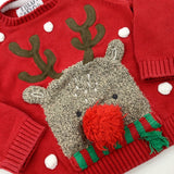 Rudolph Appliqued Red Knitted Jumper - Boys/Girls 9-12 Months