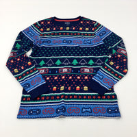 Christmas Trees & Gaming Patterned Navy Long Sleeve Top - Boys 13-14 Years