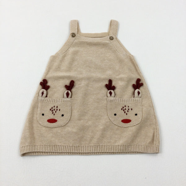 Reindeer Embroidered Beige Knitted Dungaree Dress - Girls 0-3 Months