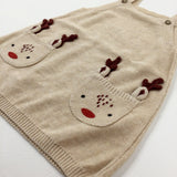 Reindeer Embroidered Beige Knitted Dungaree Dress - Girls 0-3 Months