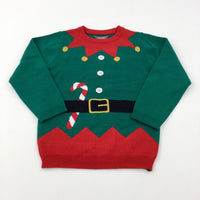 'Christmas Elf Green & Red Knitted Jumper - Boys/Girls 5-6 Years