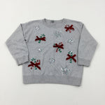 Candy Canes Sequinned Sparkly Grey Knitted Jumper - Girls 3-4 Years