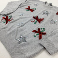 Candy Canes Sequinned Sparkly Grey Knitted Jumper - Girls 3-4 Years