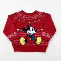 Mickey Mouse Appliqued Presents Red Knitted Jumper - Boys/Girls 18-24 Months