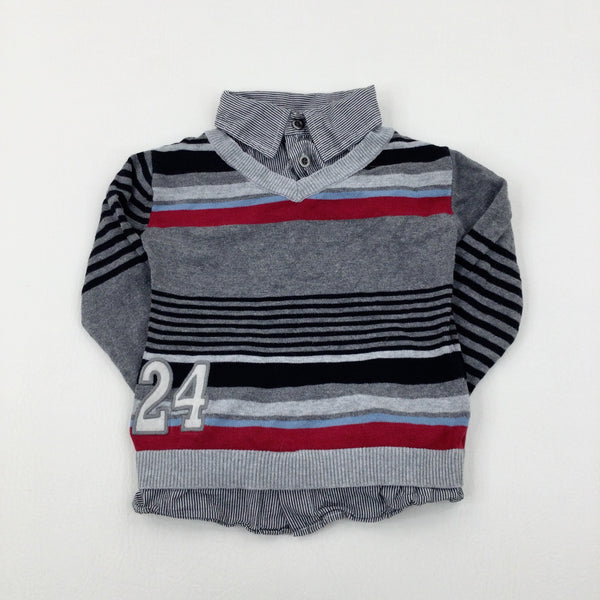 '24' Appliqued Red & Grey Striped Knitted Jumper With Faux Collar - Boys 3-4 Years