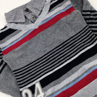 '24' Appliqued Red & Grey Striped Knitted Jumper With Faux Collar - Boys 3-4 Years