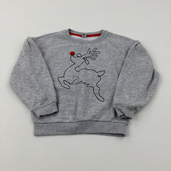 Reindeer Pom Pom Grey Sweatshirt - Girls 6-7 Years