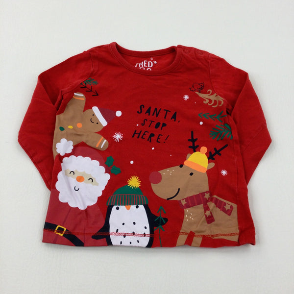 'Santa Stop Here!' Gingerbread Man & Penguin Red Long Sleeve Top - Boys/Girls 9-12 Months