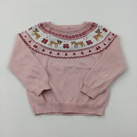 Reindeer Patterned Pink Knitted Jumper - Girls 5-6 Years