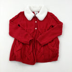 Fluffy Collar Sparkly Red Knitted Cardigan - Girls 5-6 Years