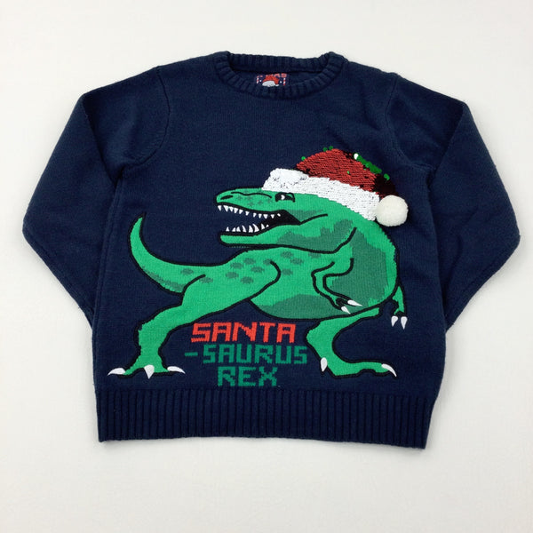 'Santa-Saurus Rex' Dinosaur Appliqued Sequin Flip Navy Knitted Jumper - Boys 6-7 Years