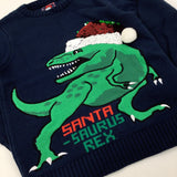 'Santa-Saurus Rex' Dinosaur Appliqued Sequin Flip Navy Knitted Jumper - Boys 6-7 Years