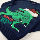 'Santa-Saurus Rex' Dinosaur Appliqued Sequin Flip Navy Knitted Jumper - Boys 6-7 Years