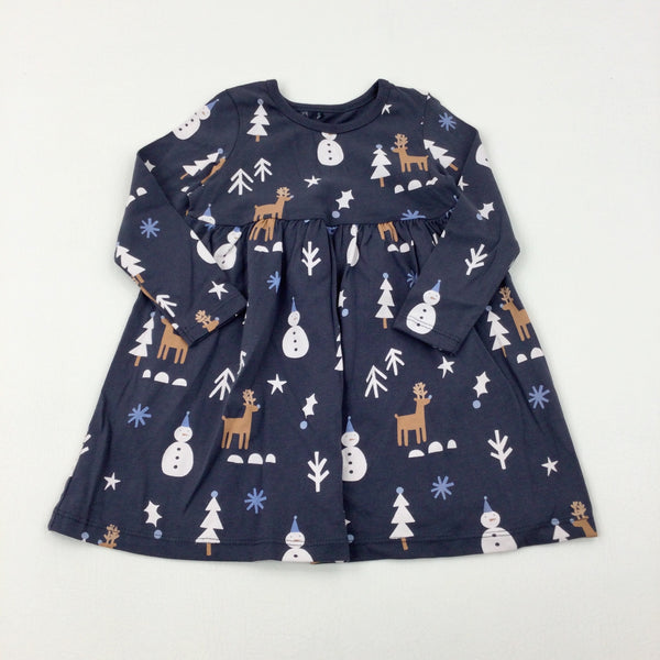 Snowmen & Reindeer Charcoal Grey Jersey Dress - Girls 12-18 Months