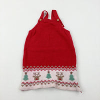 Christmas Trees & Reindeer Red Knitted Dungaree Dress - Girls 12-18 Months